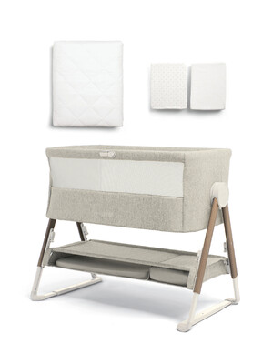 Lua Bedside Crib Bundle Beige with Mattress Protector & Fitted Sheets - Star / White